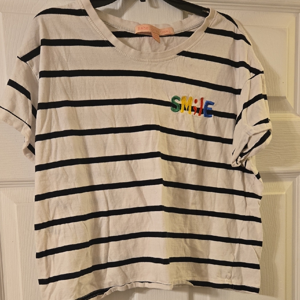 Rebellious One Black and White Striped Tee with Colorful 'Smile'
